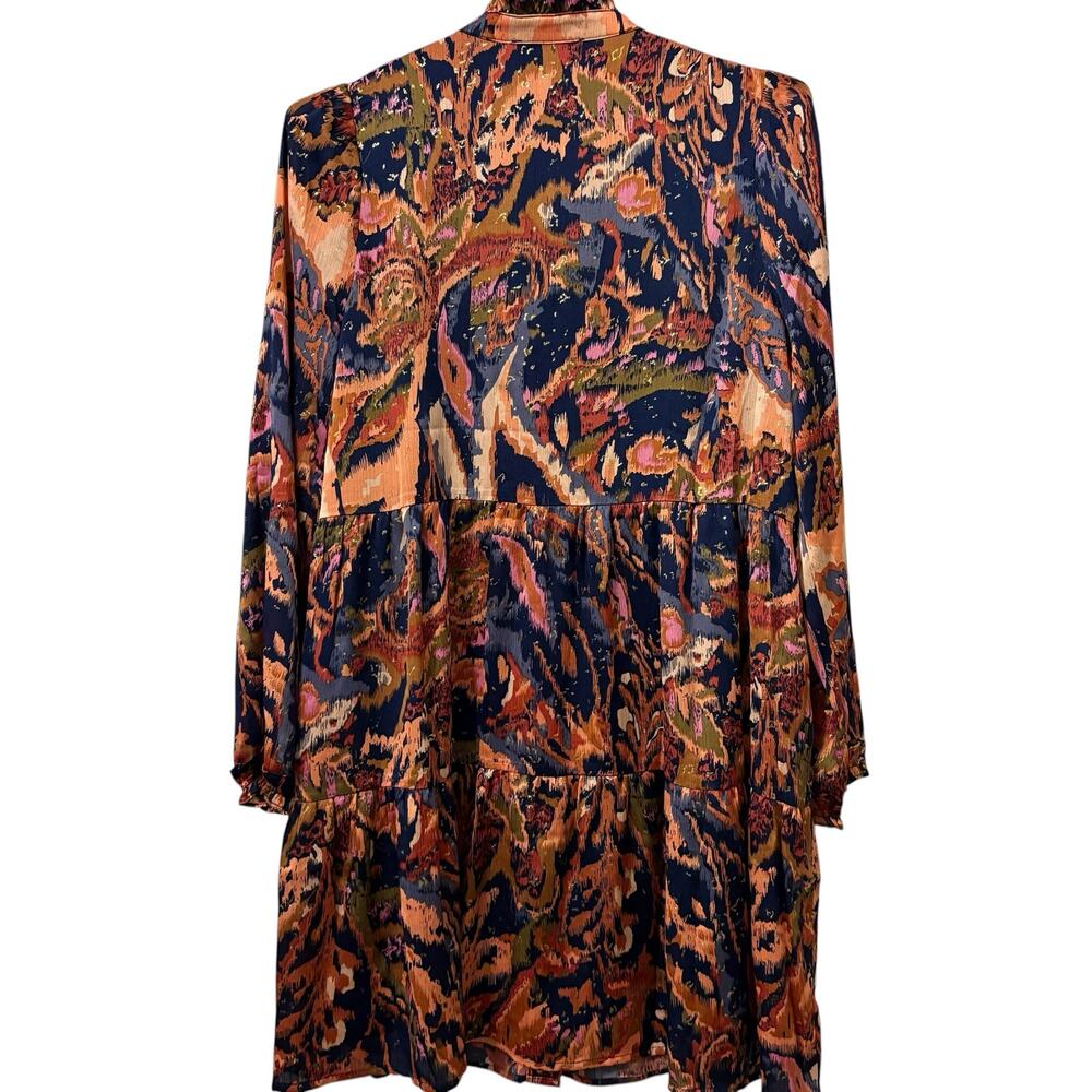 THML Navy Multicolor Metallic Print Ruffle Collar Button Down Mini Dress XS - Picture 5 of 8